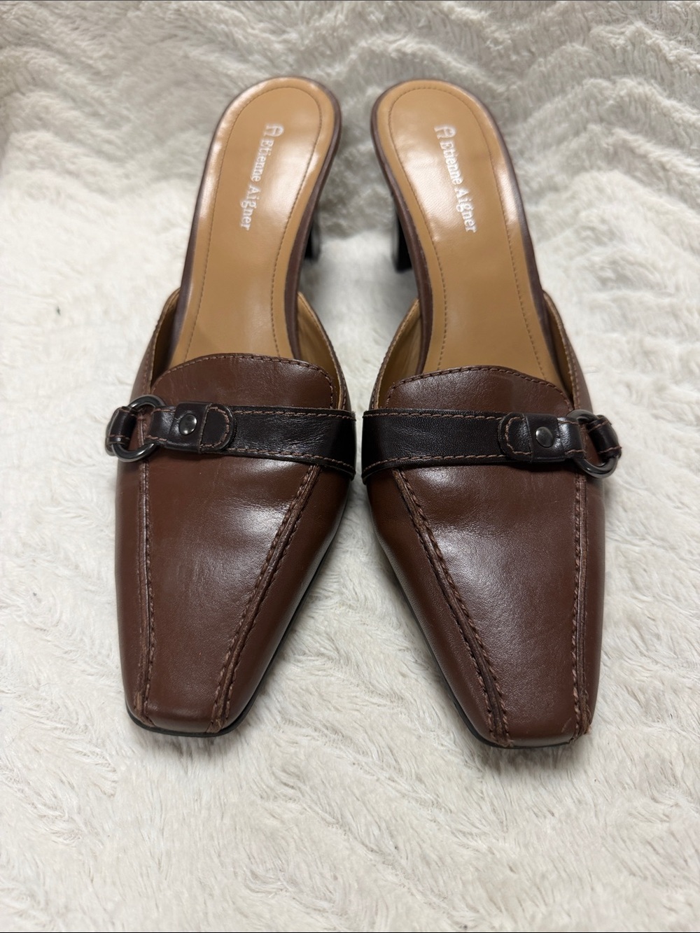 Etienne Aigner Vintage Slip-On Leather Mule, Brown Buckle Strap, Square Toe, 8M